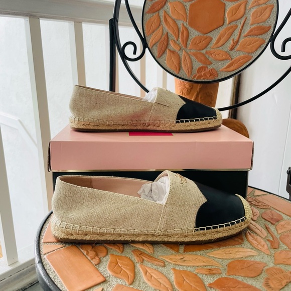 🍀KATE SPADE Garden Black Leather & Natural Canvas Espadrilles - Picture 5 of 6